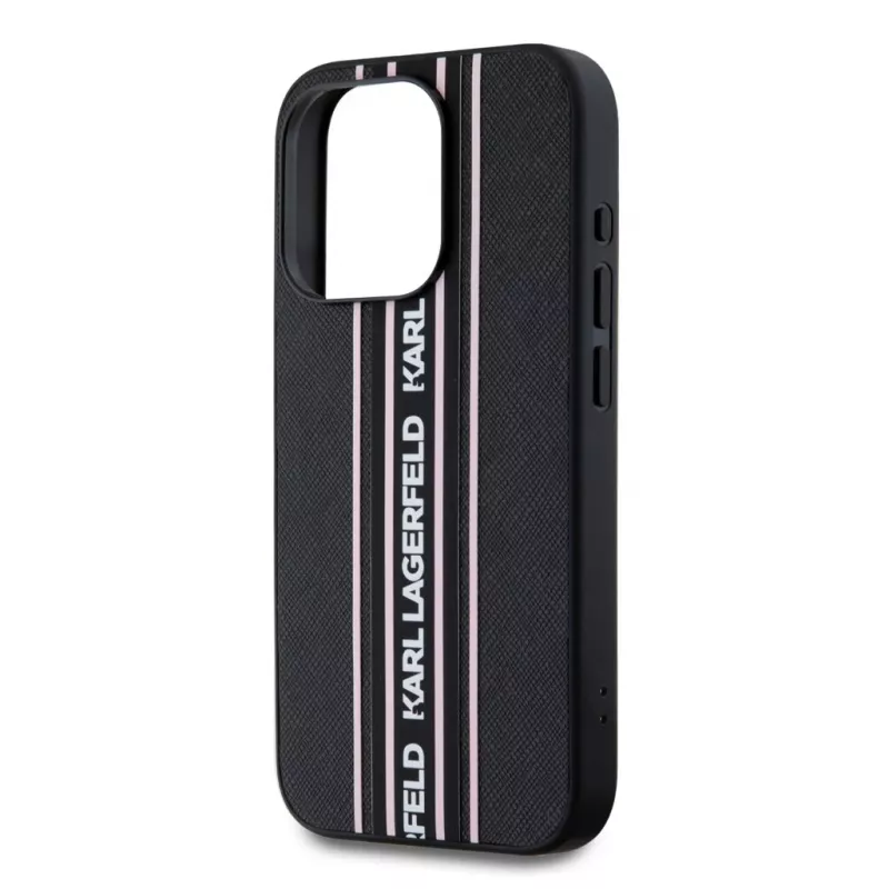 Karl Lagerfeld Saffiano AthleisureStripes Cord Case für iPhone 15 Pro Max Schwarz Pink