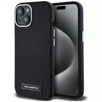 Karl Lagerfeld Metal Plate MagSafe Case für iPhone 15, Schwarz