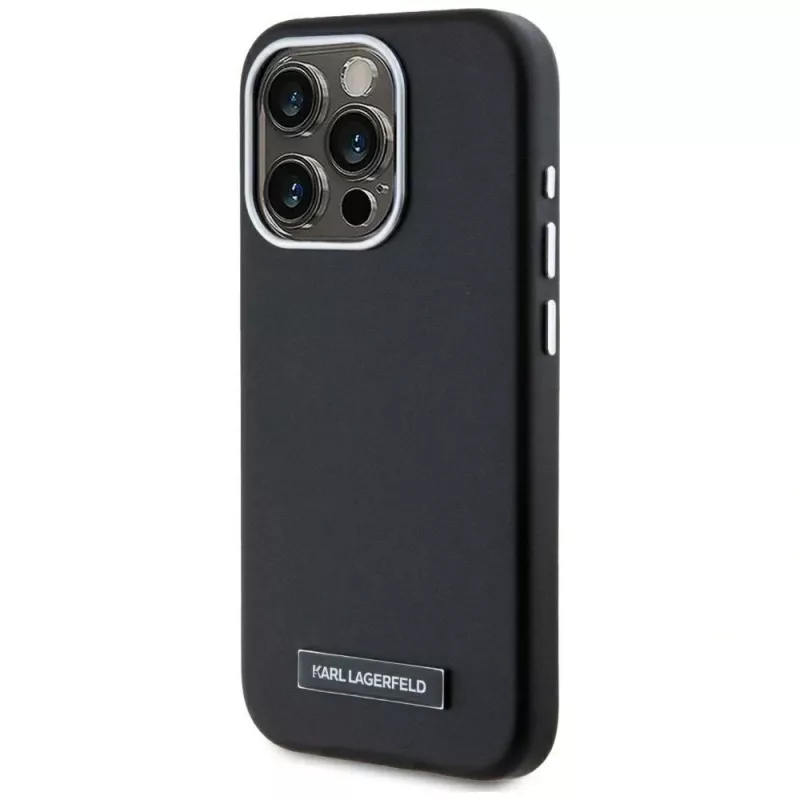 KARL LAGERFELD Metal Plate MagSafe Case für iPhone 15 Pro, Schwarz