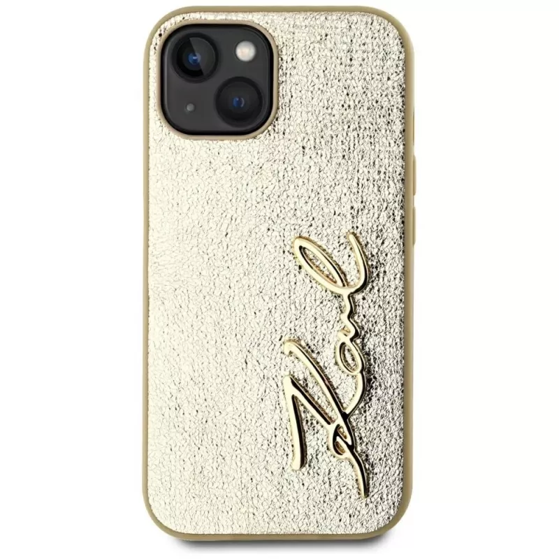 KARL LAGERFELD Wrinkled Metal Signature Phone Case für iPhone 15, Gold