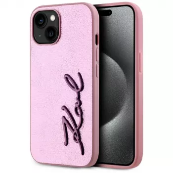 KARL LAGERFELD Wrinkled Metal Signature Back Cover für Apple iPhone 15, Pink