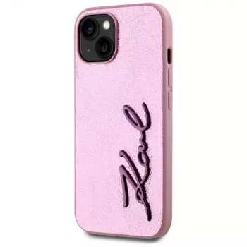 KARL LAGERFELD Wrinkled Metal Signature Back Cover für Apple iPhone 15, Pink