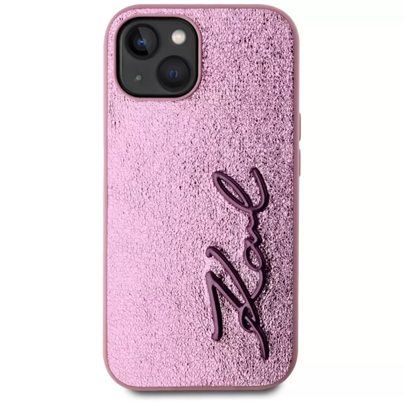 KARL LAGERFELD Wrinkled Metal Signature Back Cover für Apple iPhone 15, Pink