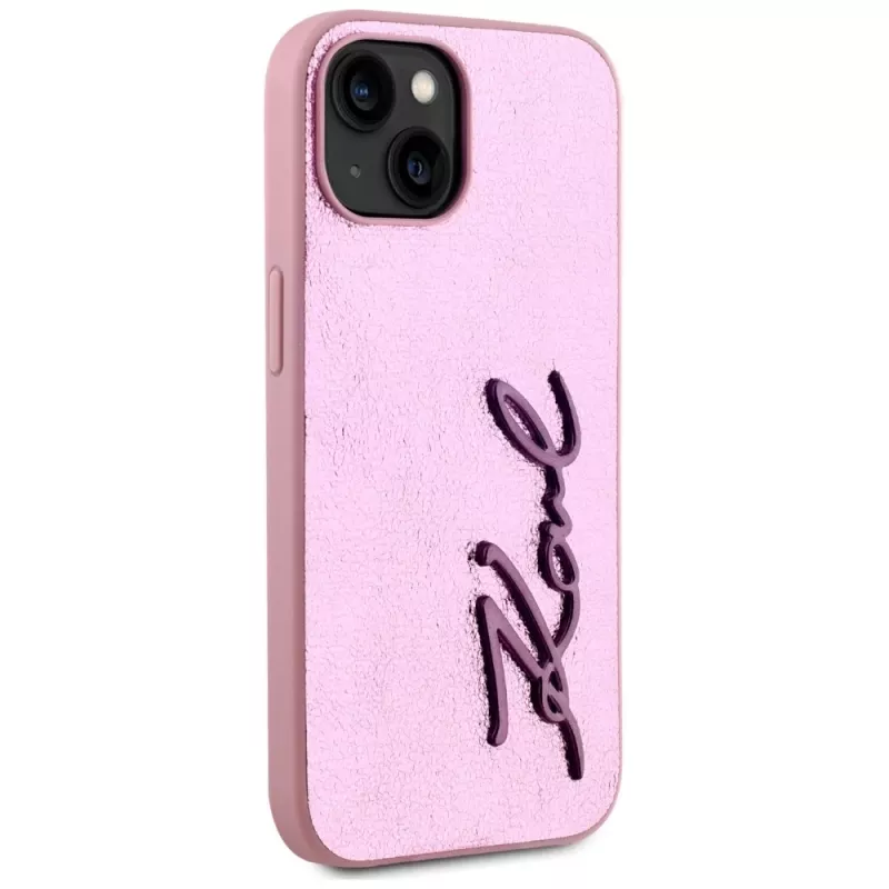 KARL LAGERFELD Wrinkled Metal Signature Back Cover für Apple iPhone 15, Pink
