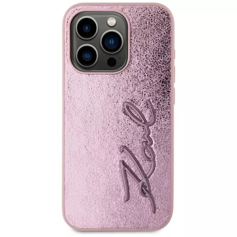 Karl Lagerfeld Wrinkled Metal Signature Case für iPhone 15 Pro, Pink