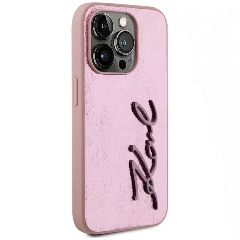 Karl Lagerfeld Wrinkled Metal Signature Case für iPhone 15 Pro, Pink