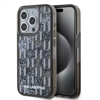 KARL LAGERFELD Liquide GlitterMonogram Gradient Back Cover für Apple iPhone 15 Pro, Schwarz