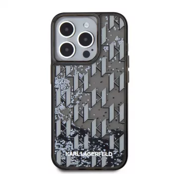 KARL LAGERFELD Liquide GlitterMonogram Gradient Back Cover für Apple iPhone 15 Pro, Schwarz