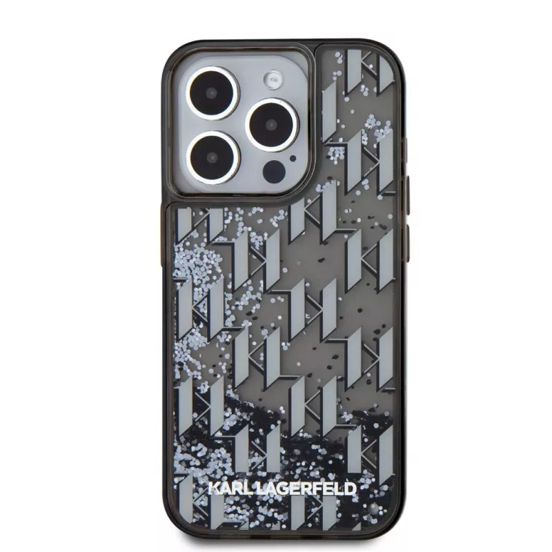 KARL LAGERFELD Liquide GlitterMonogram Gradient Back Cover für Apple iPhone 15 Pro, Schwarz