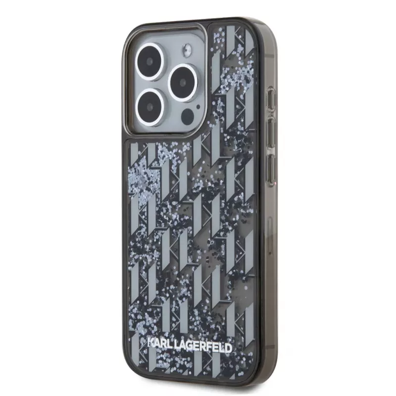 KARL LAGERFELD Liquide GlitterMonogram Gradient Back Cover für Apple iPhone 15 Pro, Schwarz