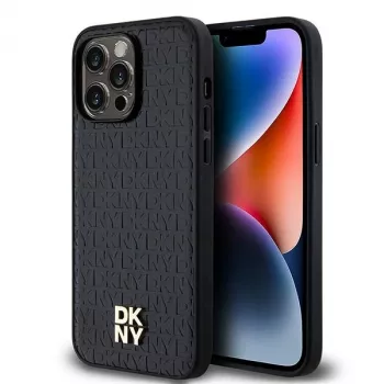 DKNY DKHMP13LPSHRPSK Hard Case für iPhone 13 Pro / 13, schwarzes Lederimitat mit Metall-Logo, MagSafe