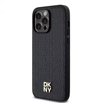 DKNY DKHMP13LPSHRPSK Hard Case für iPhone 13 Pro / 13, schwarzes Lederimitat mit Metall-Logo, MagSafe