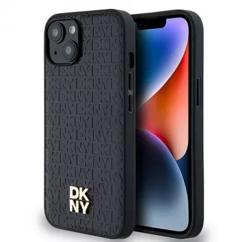 DKNY DKHMP14SPSHRPSK Hardcase Leder Monogramm-Muster Metall-Logo MagSafe für iPhone 13/14/15, Schwarz