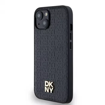 DKNY DKHMP14SPSHRPSK Hardcase Leder Monogramm-Muster Metall-Logo MagSafe für iPhone 13/14/15, Schwarz