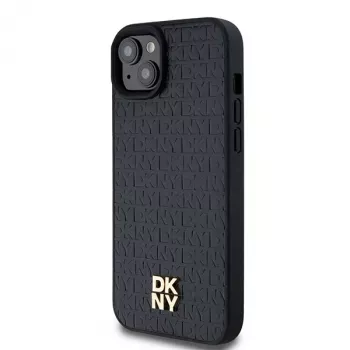 DKNY DKHMP15SPSHRPSK Hardcase für iPhone 15/14/13 6,1 Zoll Schwarz Lederoptik Metall-Logo MagSafe