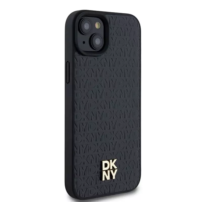 DKNY DKHMP15SPSHRPSK Hardcase für iPhone 15/14/13 6,1 Zoll Schwarz Lederoptik Metall-Logo MagSafe