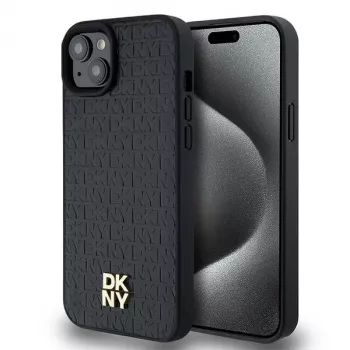 DKNY DKHMP15MPSHRPSK iPhone 15 Plus / 14 Plus 6,7 inch Black Hardcase Leder Monogramm-Muster Metall-Logo MagSafe