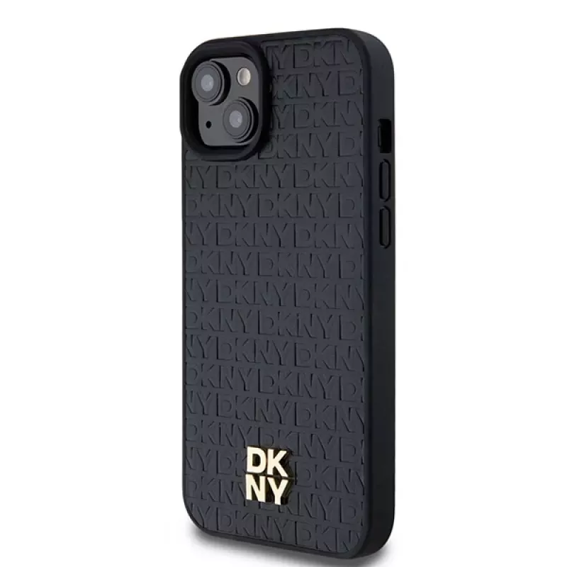 DKNY DKHMP15MPSHRPSK iPhone 15 Plus / 14 Plus 6,7 inch Black Hardcase Leder Monogramm-Muster Metall-Logo MagSafe