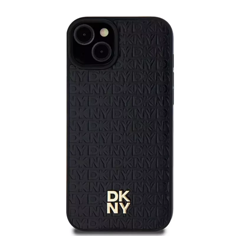 DKNY DKHMP15MPSHRPSK iPhone 15 Plus / 14 Plus 6,7 inch Black Hardcase Leder Monogramm-Muster Metall-Logo MagSafe