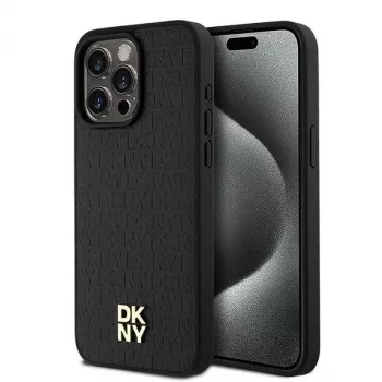 DKNY DKHMP15XPSHRPSK Hard Case für iPhone 15 Pro Max 6,7 inch Schwarz Leder Monogramm-Muster Metall-Logo MagSafe
