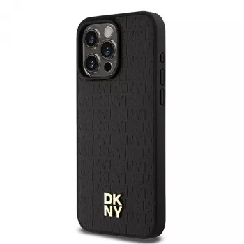 DKNY DKHMP15XPSHRPSK Hard Case für iPhone 15 Pro Max 6,7 inch Schwarz Leder Monogramm-Muster Metall-Logo MagSafe