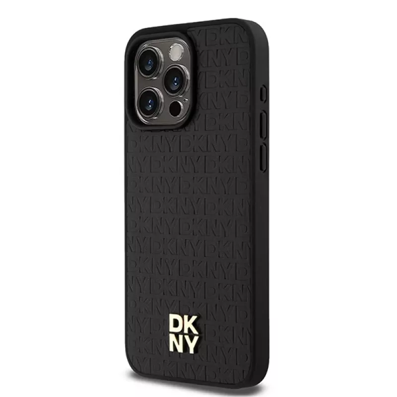 DKNY DKHMP15XPSHRPSK Hard Case für iPhone 15 Pro Max 6,7 inch Schwarz Leder Monogramm-Muster Metall-Logo MagSafe
