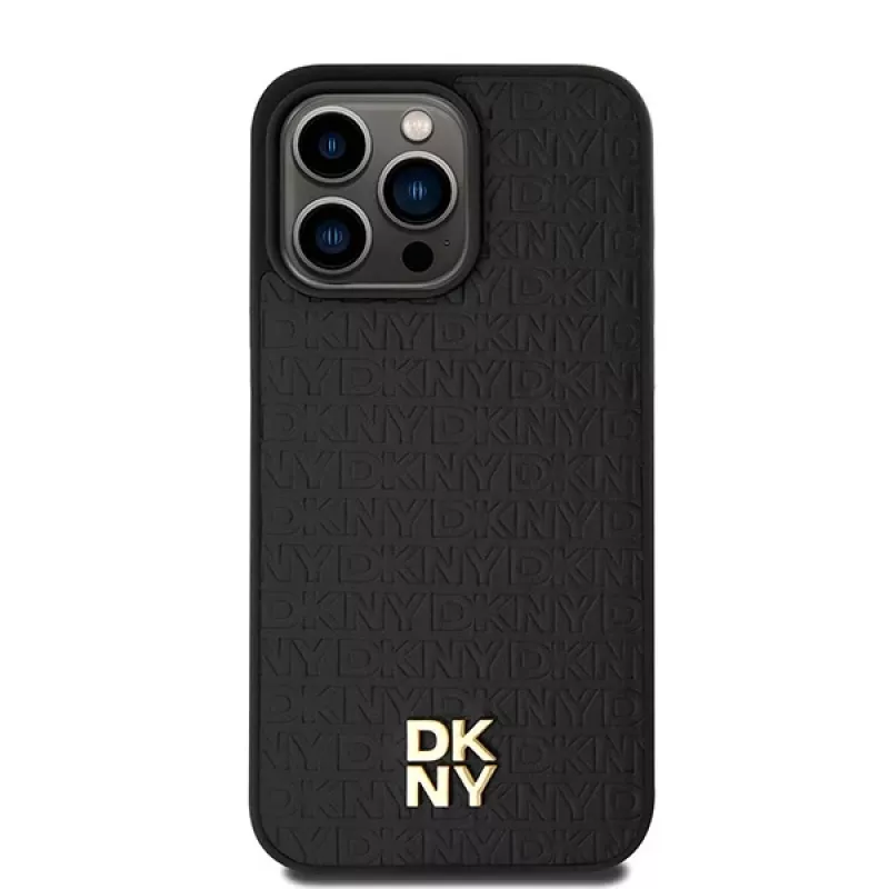 DKNY DKHMP15XPSHRPSK Hard Case für iPhone 15 Pro Max 6,7 inch Schwarz Leder Monogramm-Muster Metall-Logo MagSafe