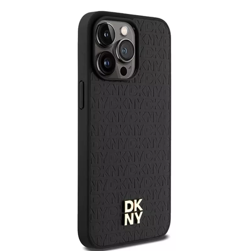DKNY DKHMP15XPSHRPSK Hard Case für iPhone 15 Pro Max 6,7 inch Schwarz Leder Monogramm-Muster Metall-Logo MagSafe
