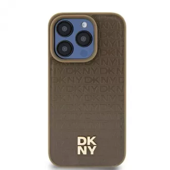 DKNY DKHMP14SPSHRPSW Hardcase für iPhone 14/15/13, braunes Lederdesign mit Metall-Logo, MagSafe