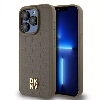 DKNY DKHMP14LPSHRPSW Hardcase für Apple iPhone 14 Pro 6,1 inch Braun Lederoptik mit Metall-Logo MagSafe