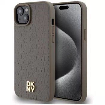 DKNY DKHMP15SPSHRPSW iPhone 15 / 14 / 13 6,1 inch Hardcase Braun Lederoptik Metall-Logo MagSafe