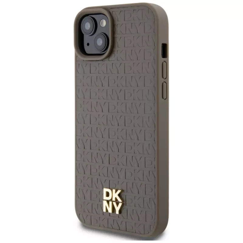 DKNY DKHMP15SPSHRPSW iPhone 15 / 14 / 13 6,1 inch Hardcase Braun Lederoptik Metall-Logo MagSafe