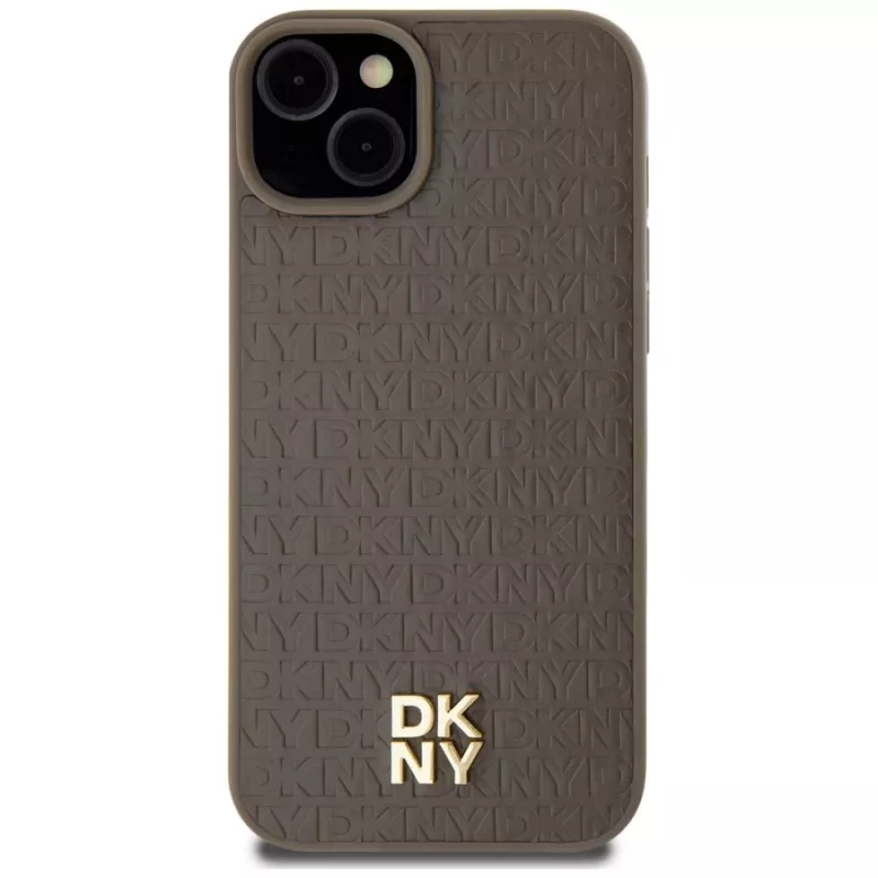 DKNY DKHMP15SPSHRPSW iPhone 15 / 14 / 13 6,1 inch Hardcase Braun Lederoptik Metall-Logo MagSafe