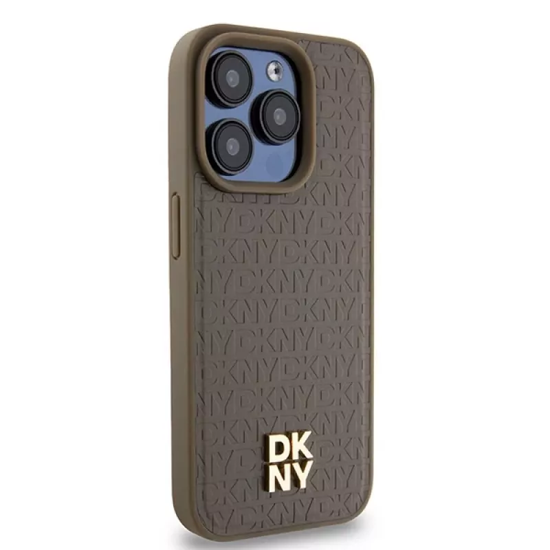 DKNY DKHMP15LPSHRPSW iPhone 15 Pro 6.1 Brown Hardcase Leather Monogram Pattern Metal Logo MagSafe