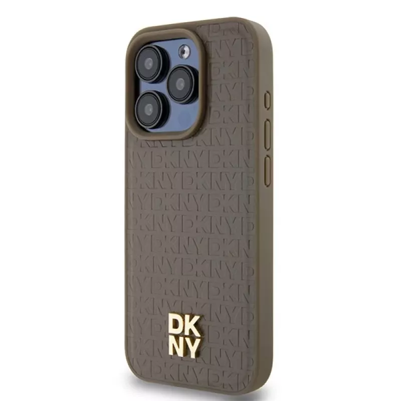 DKNY DKHMP15XPSHRPSW Hard Case für Apple iPhone 15 Pro Max 6,7 inch braunes Lederdesign mit Metall-Logo MagSafe