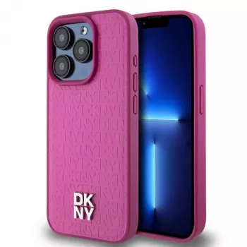 DKNY DKHMP15LPSHRPSP iPhone 15 Pro 6,1 inch Pinke Leder-Hartschale mit Monogramm-Muster und Metall-Logo, MagSafe-kompatibel