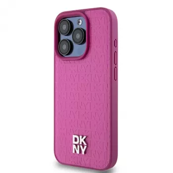 DKNY DKHMP15LPSHRPSP iPhone 15 Pro 6,1 inch Pinke Leder-Hartschale mit Monogramm-Muster und Metall-Logo, MagSafe-kompatibel