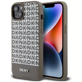 DKNY DKHMP15SPSOSPW iPhone 15 / 14 / 13 6,1 inch Braun Hardcase Leder bedrucktes Muster Metall-Logo MagSafe