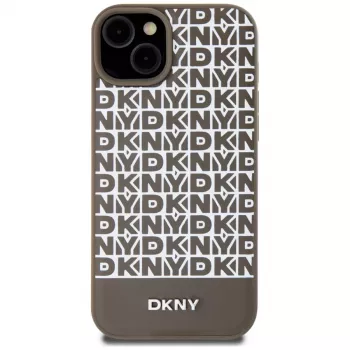 DKNY DKHMP15SPSOSPW iPhone 15 / 14 / 13 6,1 inch Braun Hardcase Leder bedrucktes Muster Metall-Logo MagSafe