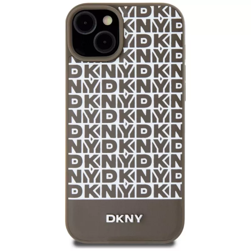DKNY DKHMP15SPSOSPW iPhone 15 / 14 / 13 6,1 inch Braun Hardcase Leder bedrucktes Muster Metall-Logo MagSafe