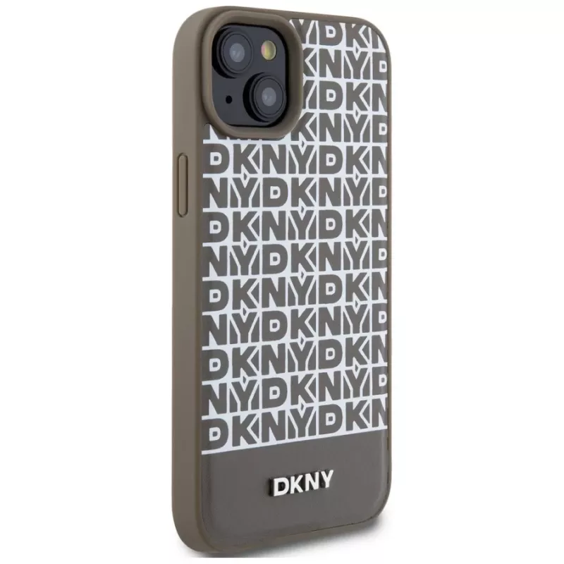 DKNY DKHMP15SPSOSPW iPhone 15 / 14 / 13 6,1 inch Braun Hardcase Leder bedrucktes Muster Metall-Logo MagSafe