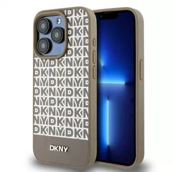 DKNY DKHMP15LPSOSPW iPhone 15 Pro 6,1 inch Hardcase Leder bedrucktes Muster Braun mit Metall-Logo MagSafe