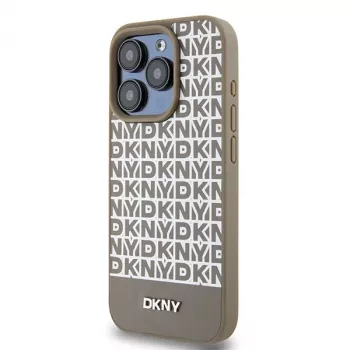 DKNY DKHMP15LPSOSPW iPhone 15 Pro 6,1 inch Hardcase Leder bedrucktes Muster Braun mit Metall-Logo MagSafe