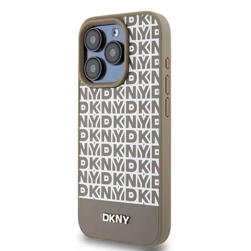 DKNY DKHMP15LPSOSPW iPhone 15 Pro 6,1 inch Hardcase Leder bedrucktes Muster Braun mit Metall-Logo MagSafe