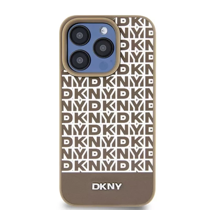 DKNY DKHMP15LPSOSPW iPhone 15 Pro 6,1 inch Hardcase Leder bedrucktes Muster Braun mit Metall-Logo MagSafe
