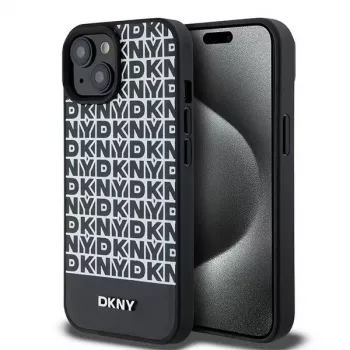 DKNY DKHMP15SPSOSPK Hard Case für Apple iPhone 15 / 14 / 13 6,1 Zoll Schwarz Leder mit Printmuster und Metall-Logo MagSafe