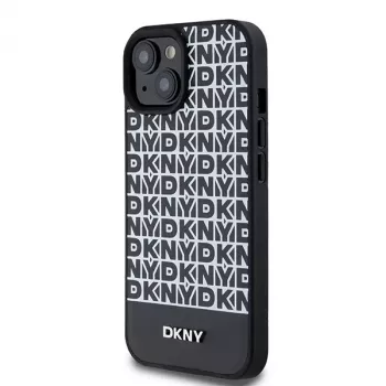 DKNY DKHMP15SPSOSPK Hard Case für Apple iPhone 15 / 14 / 13 6,1 Zoll Schwarz Leder mit Printmuster und Metall-Logo MagSafe