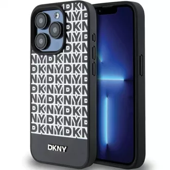 DKNY DKHMP15LPSOSPK Hard Case für Apple iPhone 15 Pro 6,1 inch Leder mit Printmuster Metall-Logo MagSafe Schwarz