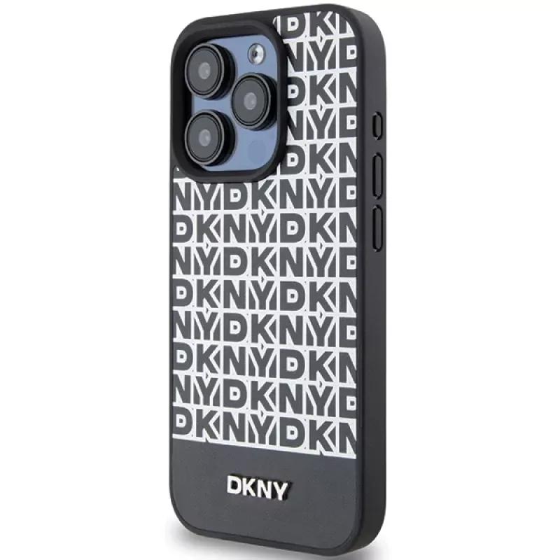 DKNY DKHMP15LPSOSPK Hard Case für Apple iPhone 15 Pro 6,1 inch Leder mit Printmuster Metall-Logo MagSafe Schwarz