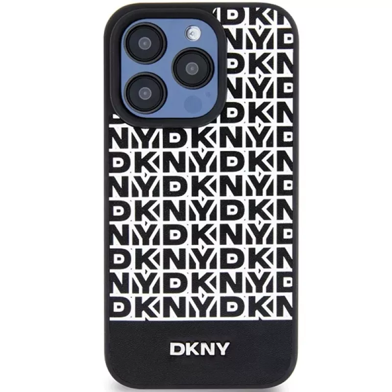 DKNY DKHMP15LPSOSPK Hard Case für Apple iPhone 15 Pro 6,1 inch Leder mit Printmuster Metall-Logo MagSafe Schwarz